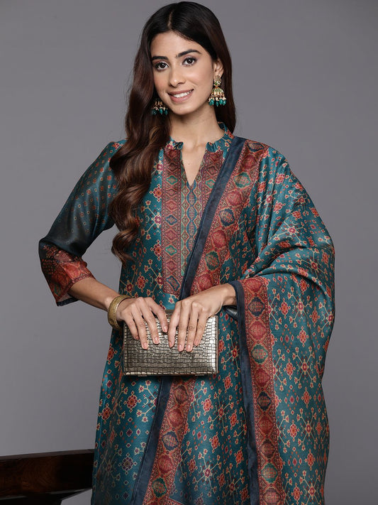 Dhiyona VA Women'sFloral Printed Mandarin Collar Chanderi Silk Straight Kurta with Trouser & Dupatta