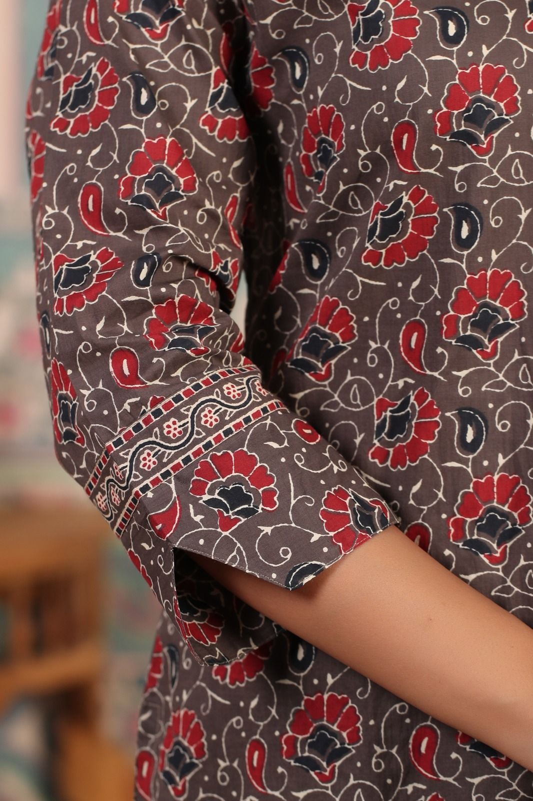 Dhiyona IS Women's Kalamkari Printed Zari embroidered Cotton Kurta with Trouser & Cotton Dupatta