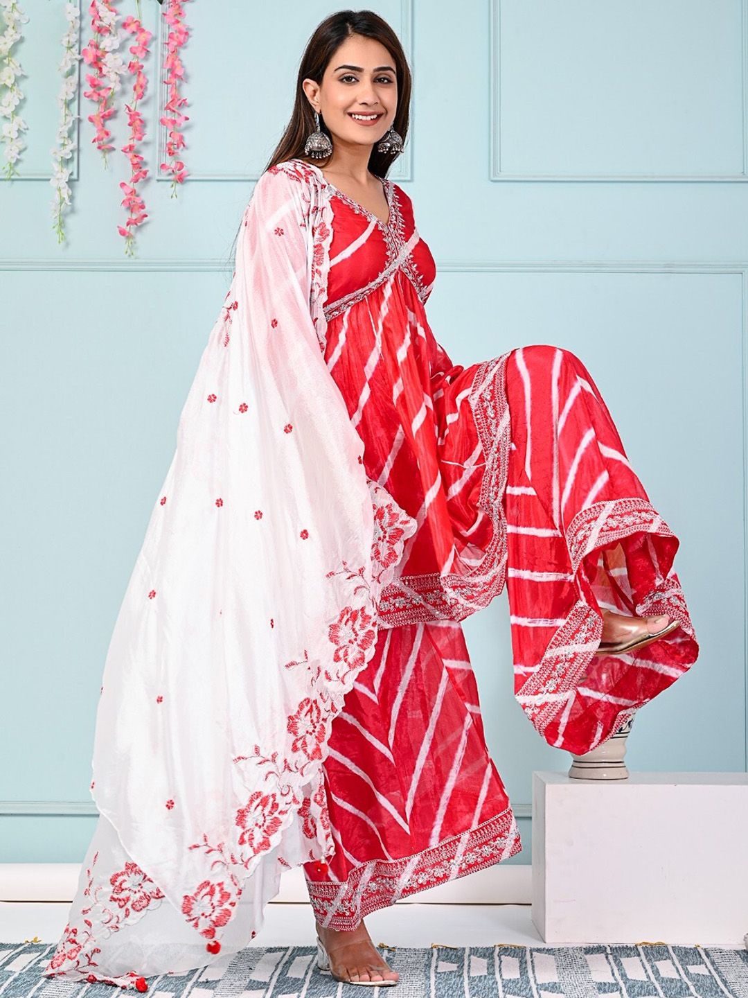 Dhiyona SN Red & White Leheriya Printed Thread Work Silk Kurta With Sharara & Dupatta
