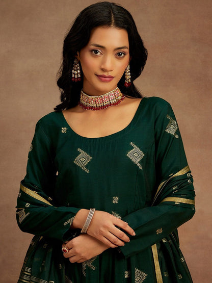 Dhiyona LL Womens Green Woven Design Anarkali Kurta With Palazzos & Dupatta