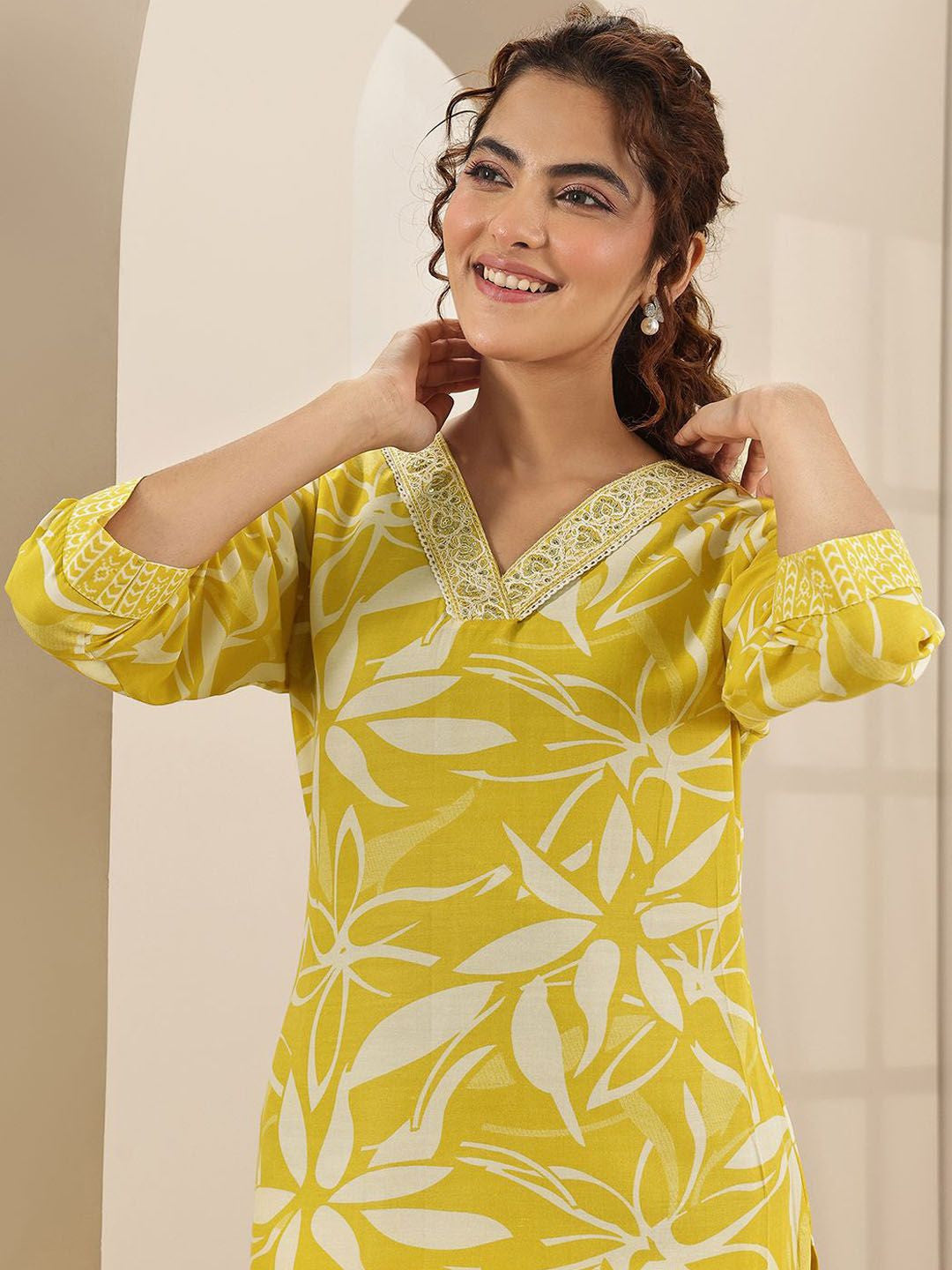Floral Printed V Neck Thread Work Straight Kurta With Trousers & Dupatta