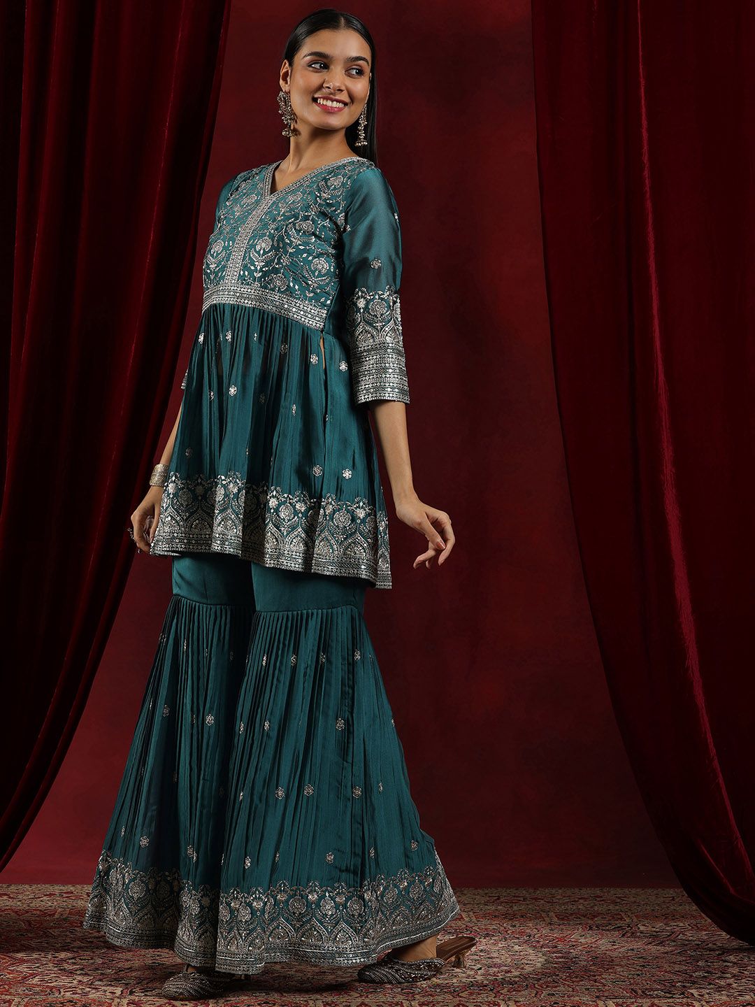 Dhiyona LL Womens Teal Embroidered A-Line Kurti With Sharara & Dupatta
