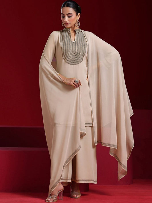 Dhiyona LL Yoke Design Regular Beads And Stones Straight Kurta With Palazzos & Dupatta