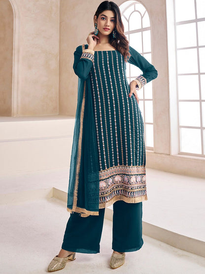 Dhiyona IN Teal Striped Embroidered Beads & Stones Straight Kurta & Palazzos With Dupatta