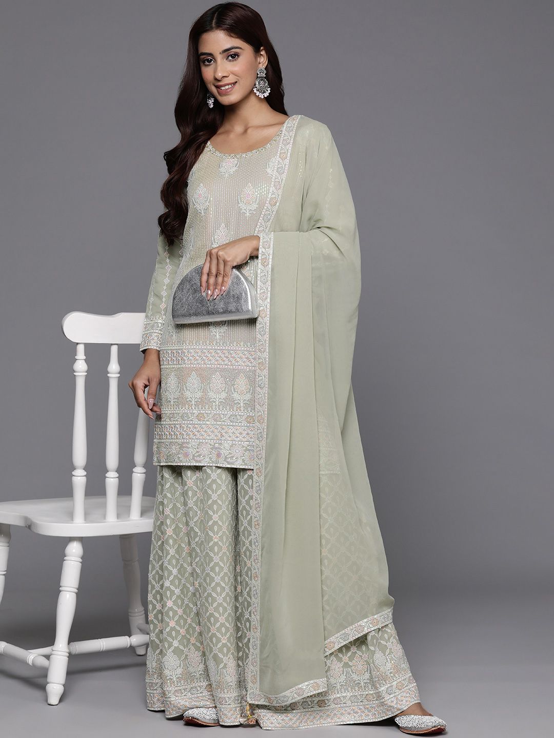 Dhiyona LL Floral Regular Sequinned Kurti with Palazzos & Dupatta