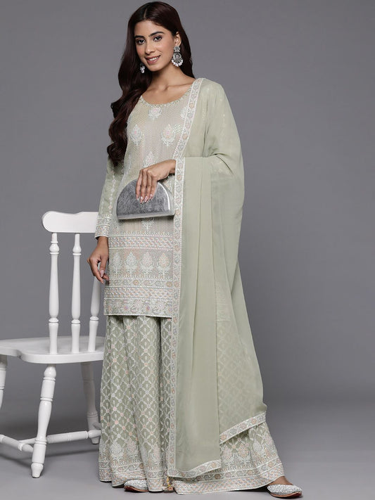 Dhiyona LL Floral Regular Sequinned Kurti with Palazzos & Dupatta