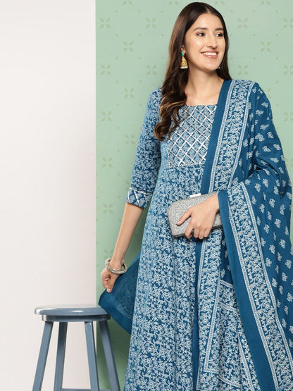 Dhiyona KL Ethnic Motifs Printed Pure Cotton Anarkali Kurta with Trousers & Dupatta