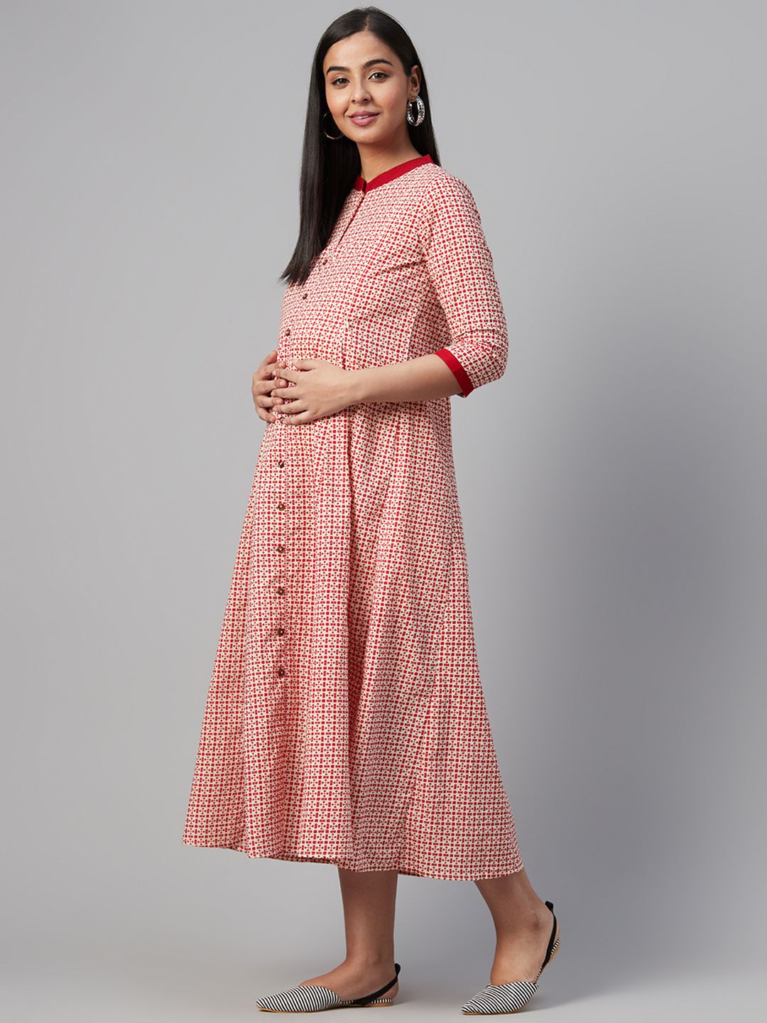 Dhiyona AY Women's White & Red Printed Maternity A-Line Dress
