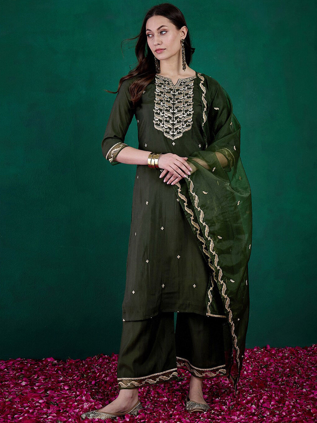 Sequin Embroidered Round Neck Straight Kurta With Trousers & Dupatta