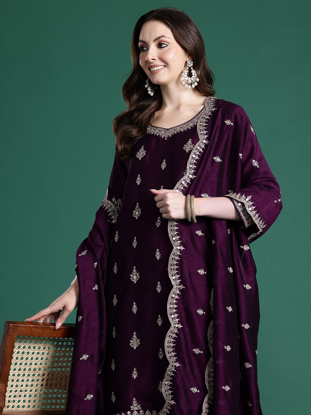 Ethnic Motifs Embroidered Sequinned Kurta with Trousers & With Dupatta