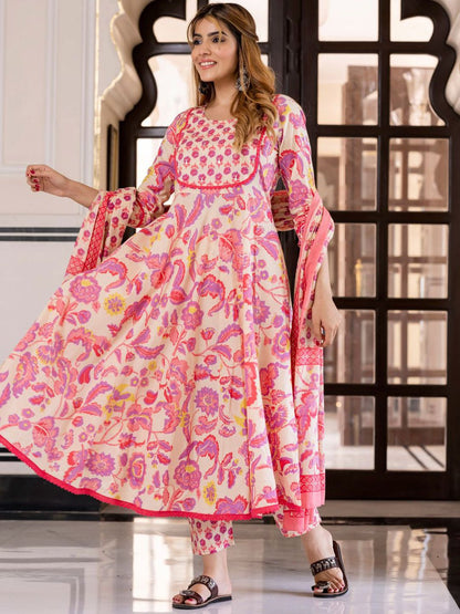 Dhiyona KL Women Floral Printed Cotton Kurta with Churidar & Dupatta