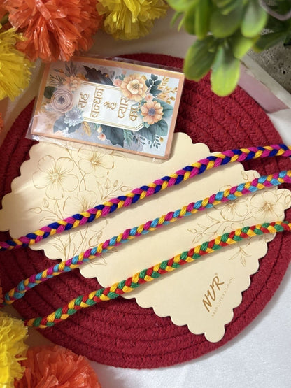 Dhiyona Set Of 3 Multicolor Thread Rakhi With Roli Chawal Chandan Mishri