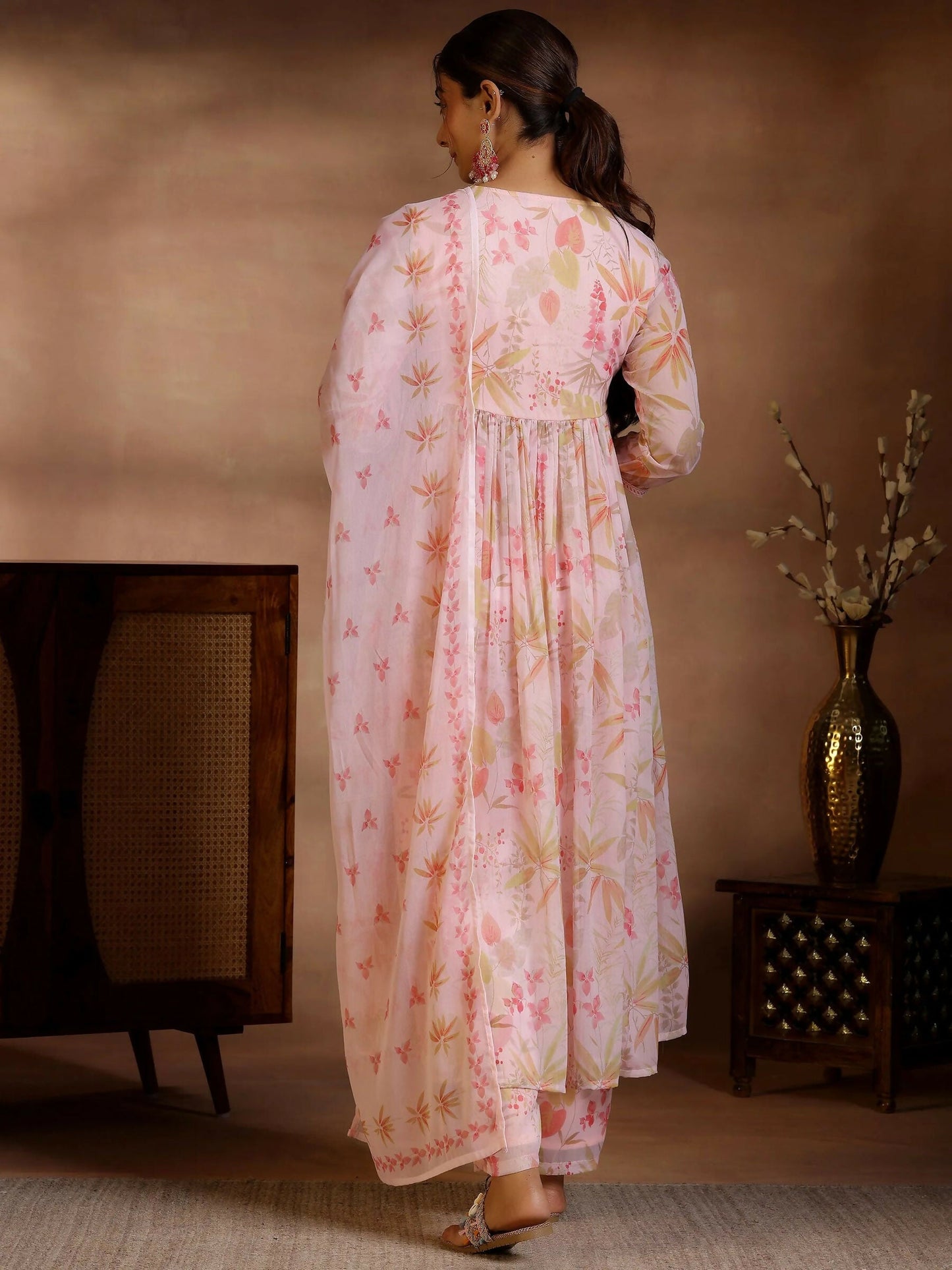 Women's LB Pink Printed Poly Chiffon A-Line Kurta With Palazzos & Dupatta