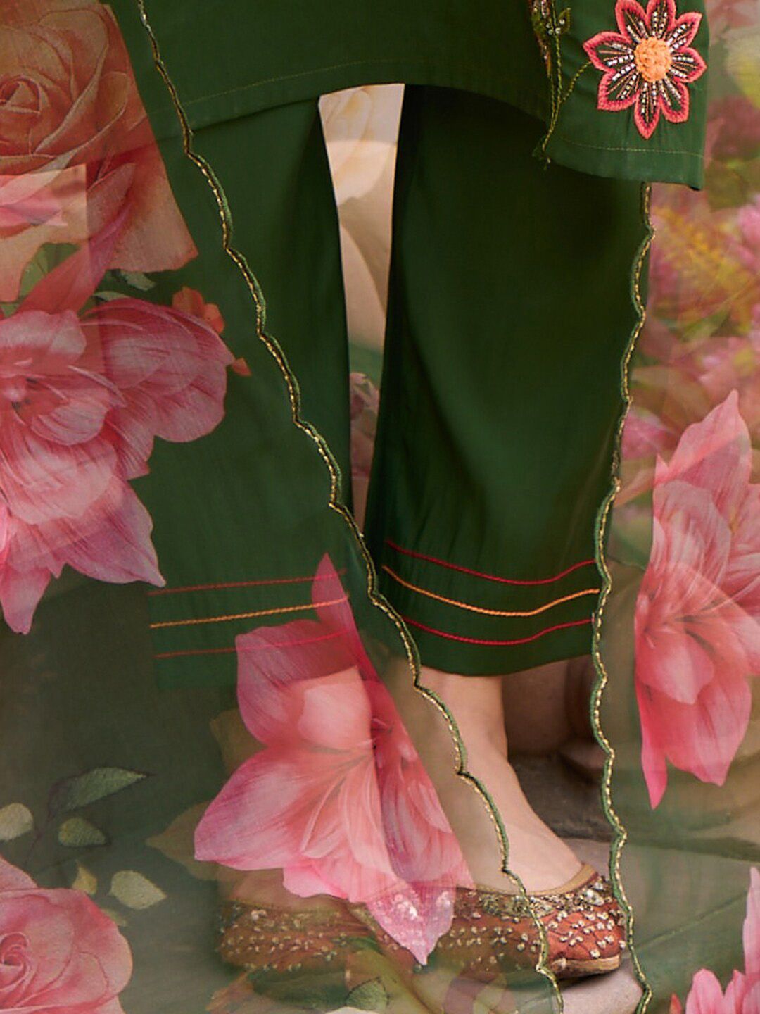 Floral Embroidered Thread Work Kurta With Trousers & Dupatta