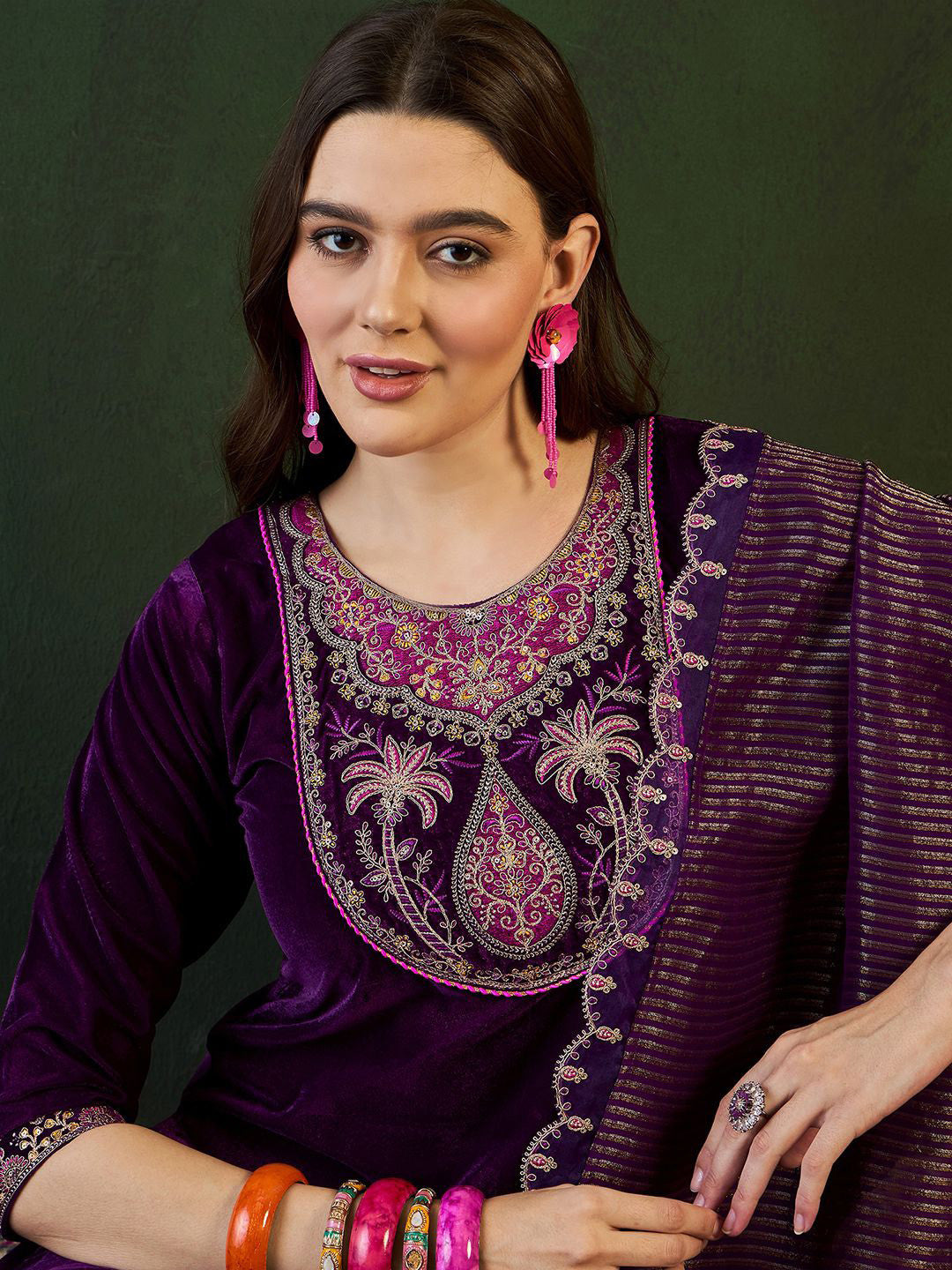 Velvet Embroidered Kurta & Trousers with Dupatta