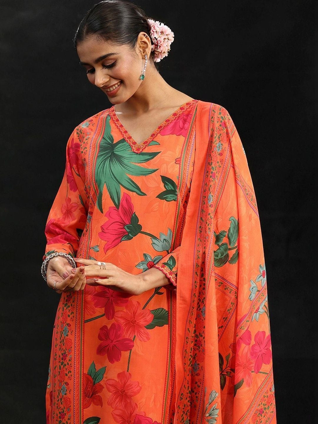 Orange Floral Printed Cotton Blend Straight Suit Set