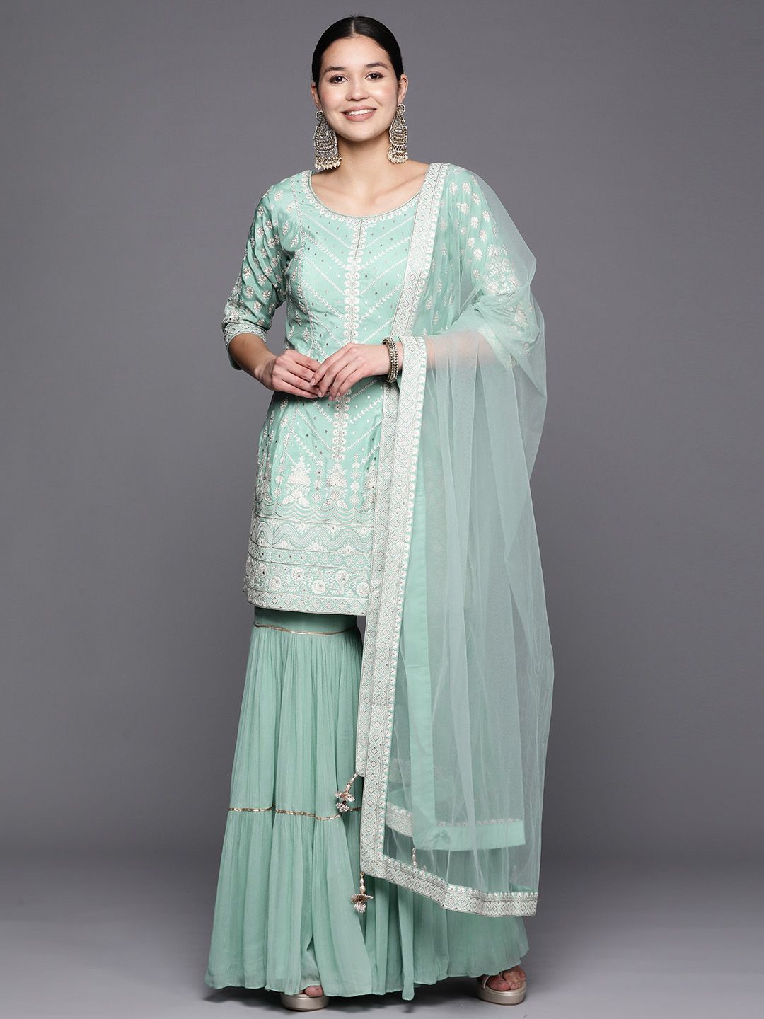 Dhiyona LL Women Ethnic Motifs Embroidered Pure Silk Kurti With Sharara & Dupatta