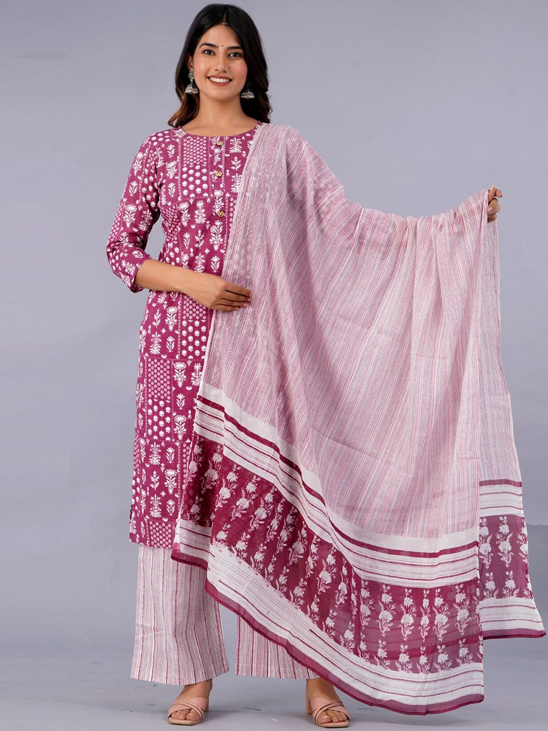 Dhiyona KL Ethnic Motifs Printed Pure Cotton Kurta With Palazzo & With Dupatta