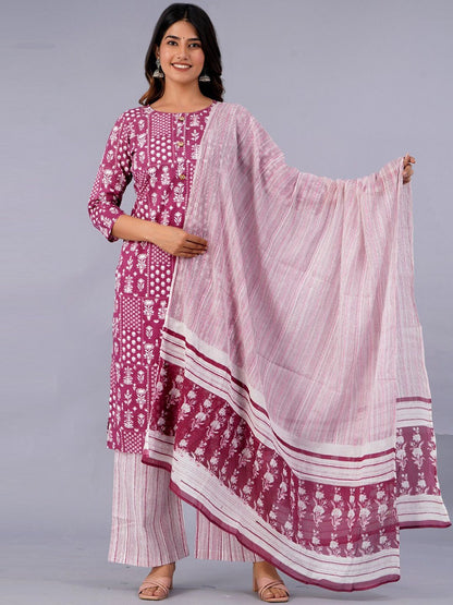 Dhiyona KL Ethnic Motifs Printed Pure Cotton Kurta With Palazzo & With Dupatta