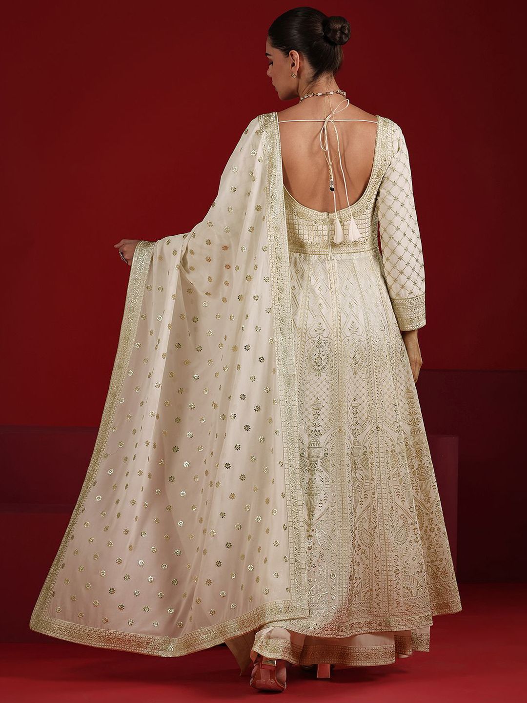 Dhiyona LL Womens Off White Embroidered Anarkali Kurta With Palazzos & Dupatta
