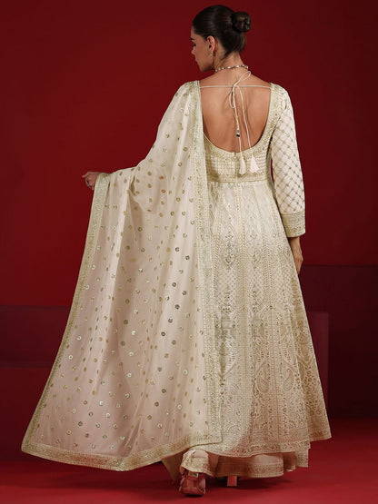 Dhiyona LL Womens Off White Embroidered Anarkali Kurta With Palazzos & Dupatta