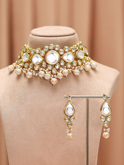 Dhiyona RJ Women's 22K Gold-Plated Glossy Pearl Beaded Kundan Handcrafted Choker Necklace Set