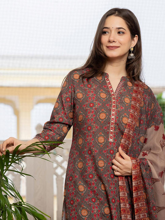 Dhiyona KL Floral Printed Sequinned Straight Kurta With Trousers & Dupatta