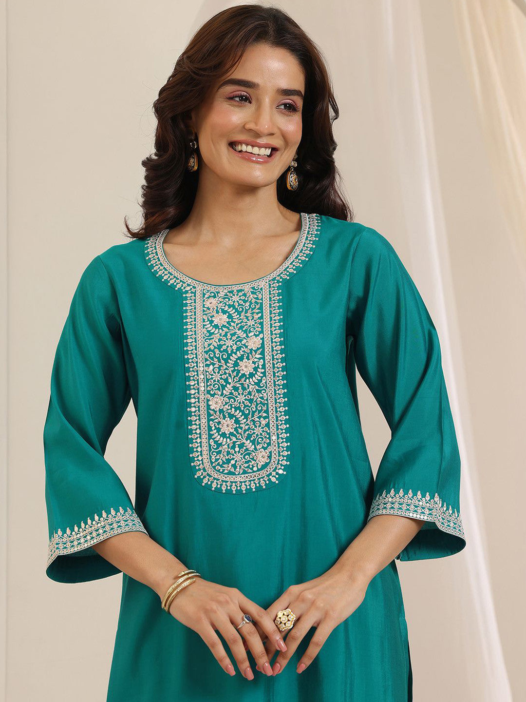 Floral Yoke Design Sequinned Straight Kurta With Trousers And Dupatta