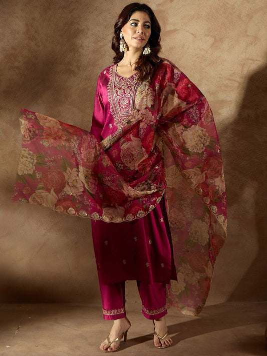 Dhiyona IE Women Floral Embroidered Regular Kurta with Trousers & With Dupatta