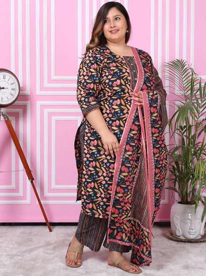 Dhiyona KL Plus Size Floral Printed Pure Cotton Straight Kurta with Trousers & Dupatta