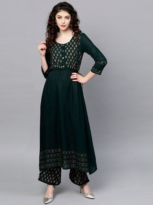 Dhiyona IS Women's Women Green Ethnic Motifs Yoke Design Kurta with Trousers