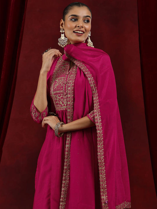 Pink Floral Yoke Design Mandarin Collar Dobby Weave Kurta with Trousers & Dupatta