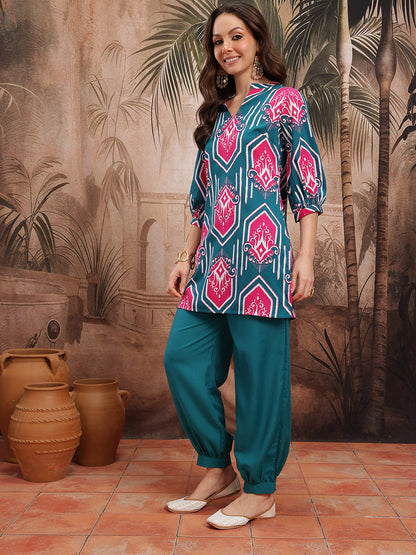 Ethnic Motifs Print Puff Sleeve Kurta with Salwar