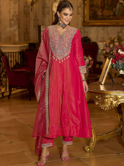 Floral Embroidered V-Neck A-Line Kurta With Trousers & Dupatta