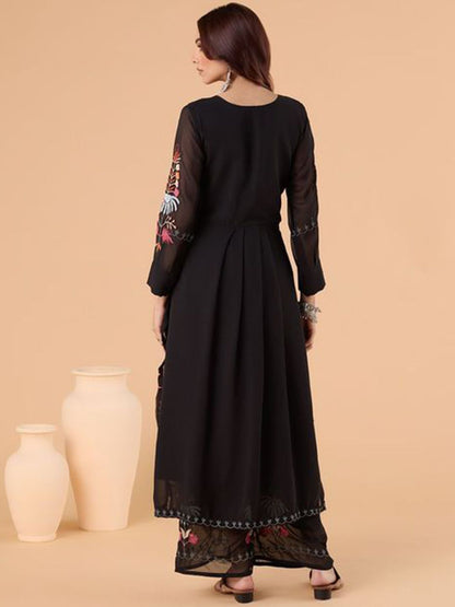 Dhiyona KL Floral Embroidered Notched Neck Thread Work Straight Kurta With Palazzos & Dupatta