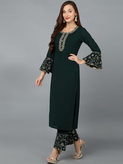 Dhiyona KL Floral Embroidered Round Neck Straight Kurta with Palazzos & Dupatta