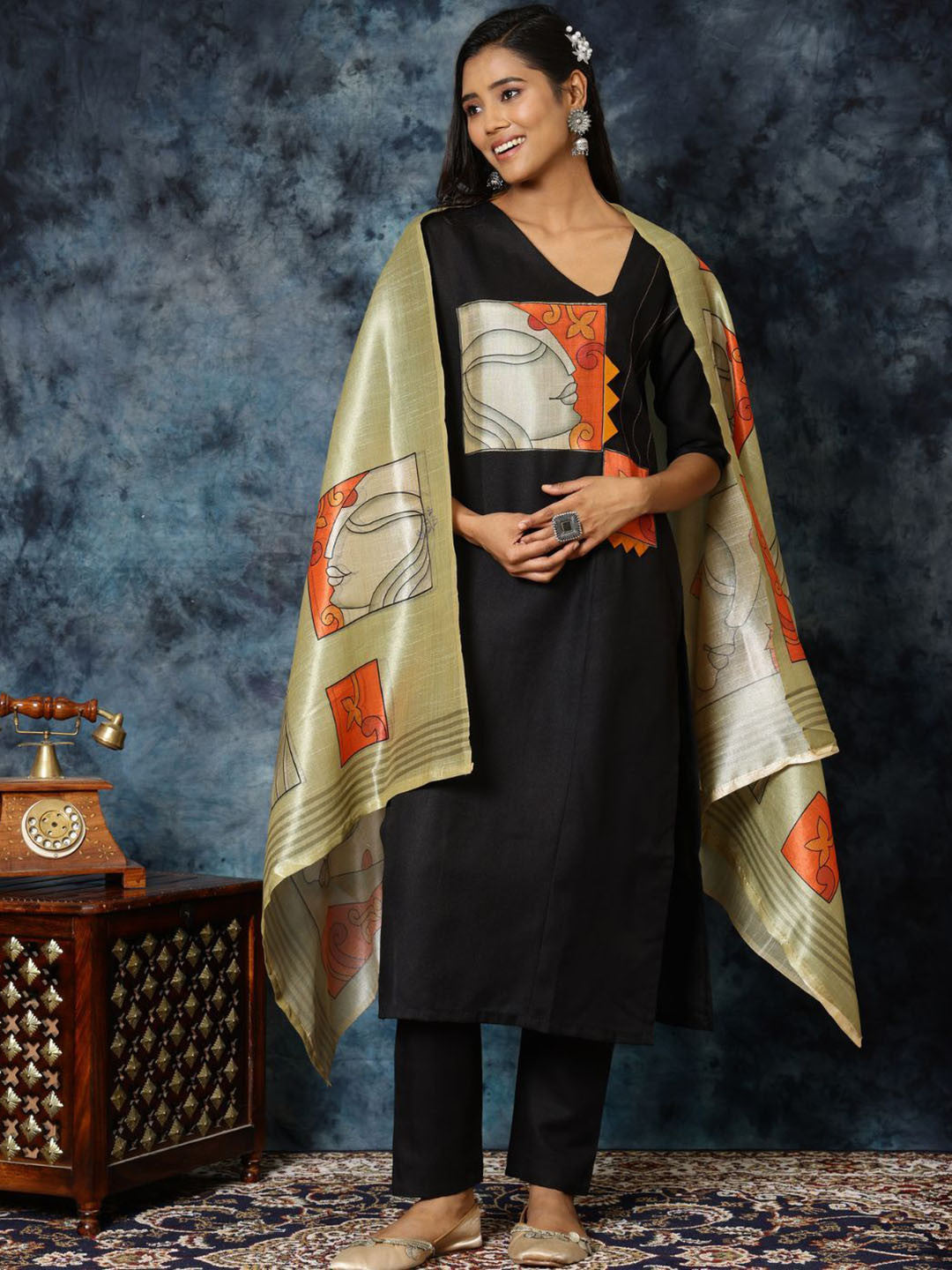 Black Abstract Printed V-Neck Patchwork Straight Kurta With Trousers And Dupatta