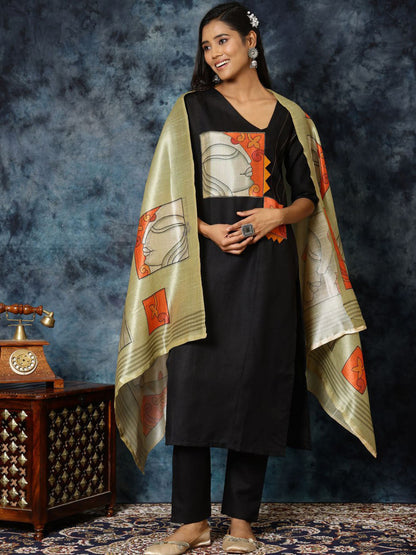 Black Abstract Printed V-Neck Patchwork Straight Kurta With Trousers And Dupatta