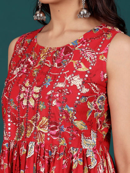 Dhiyona VA Women's Floral Embroidered Regular Thread Work Pure Cotton Kurti with Sharara