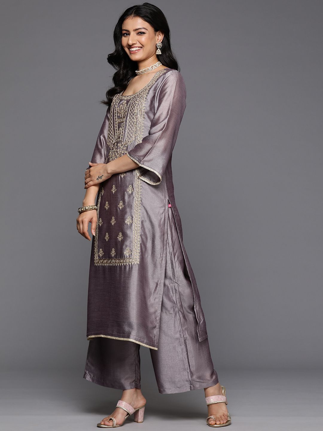 Dhiyona VA Ethnic Motifs Embroidered Zari Kurta With Palazzos & Dupatta