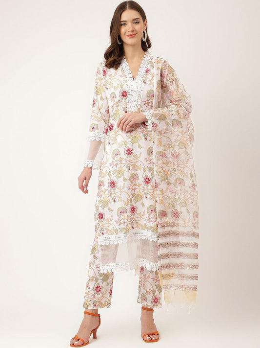 Dhiyona KL Floral Printed V-Neck Pure Cotton Straight Kurta & Trouser With Dupatta