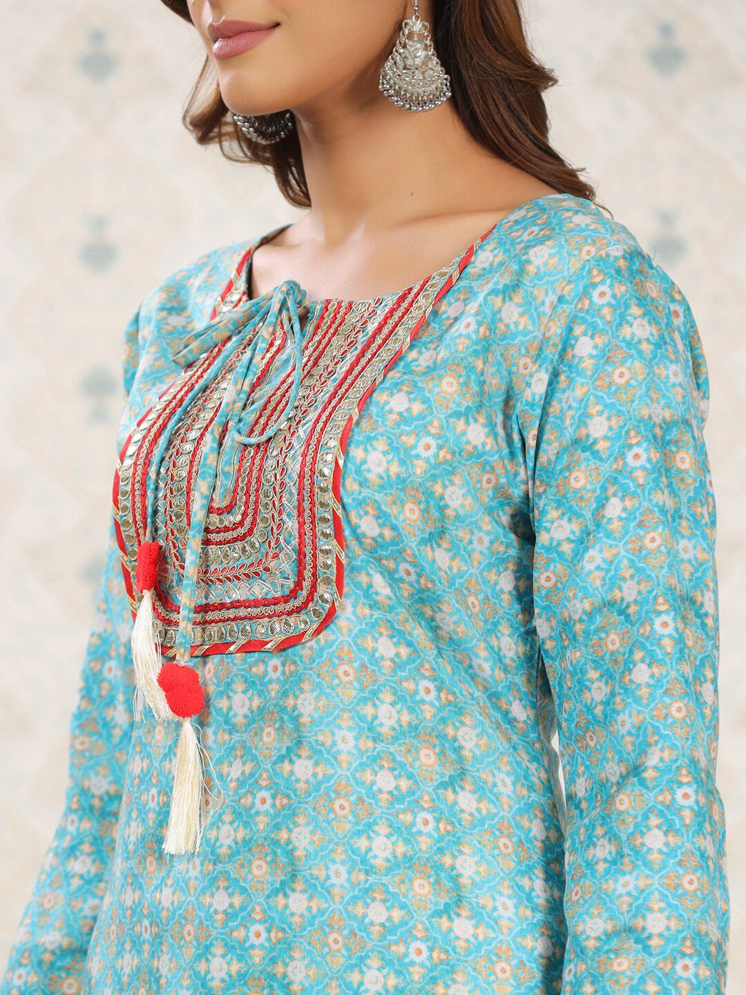 Dhiyona OD  Sea Green Ethnic Printed Tie-Up Neck Gotta Patti Straight Kurta