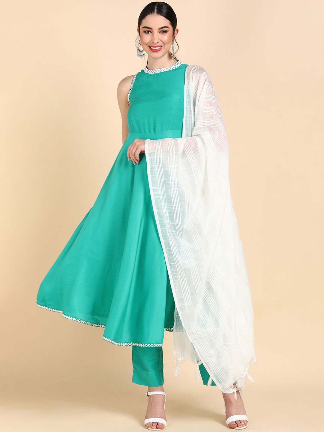 Dhiyona KL Women Mirror Work Anarkali Kurta With Trousers & With Dupatta
