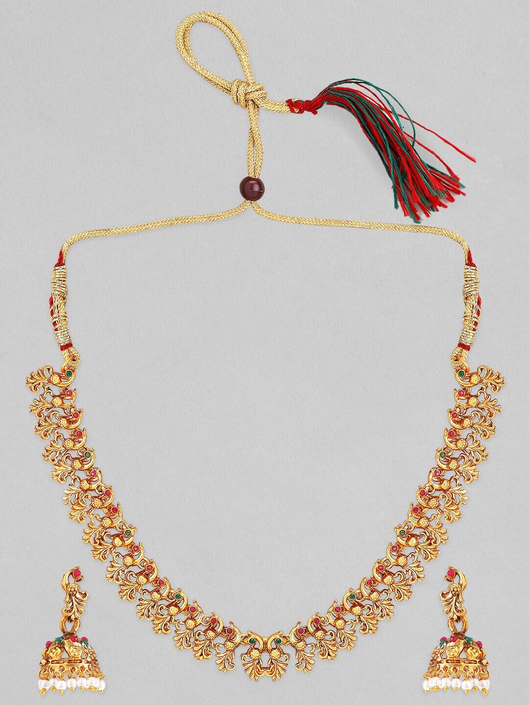 Dhiyona RJ Women's 22K Gold-Plated Ruby Red & Emerald Green Studded Temple Necklace Jewelry Set