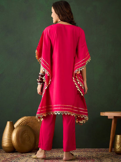 Dhiyona SN Women's Fuchsia Geometric Embroidered Round Neck Mirror Work Kaftan With Trousers