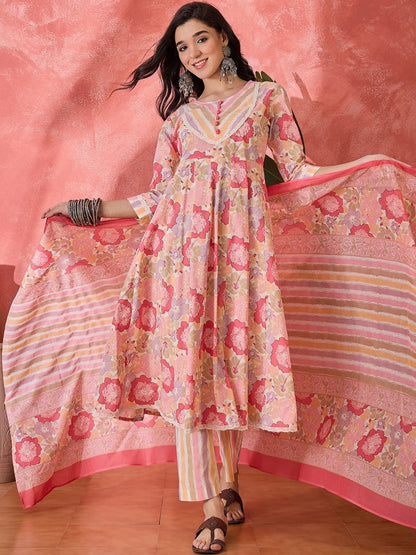 Printed Pure Cotton Round Neck Kurta & Trousers Kurta Sets