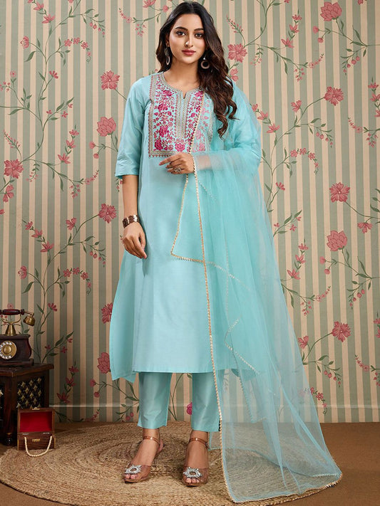 Dhiyona OD  Floral Embroidered Notch Neck Kurta With Trousers And Dupatta
