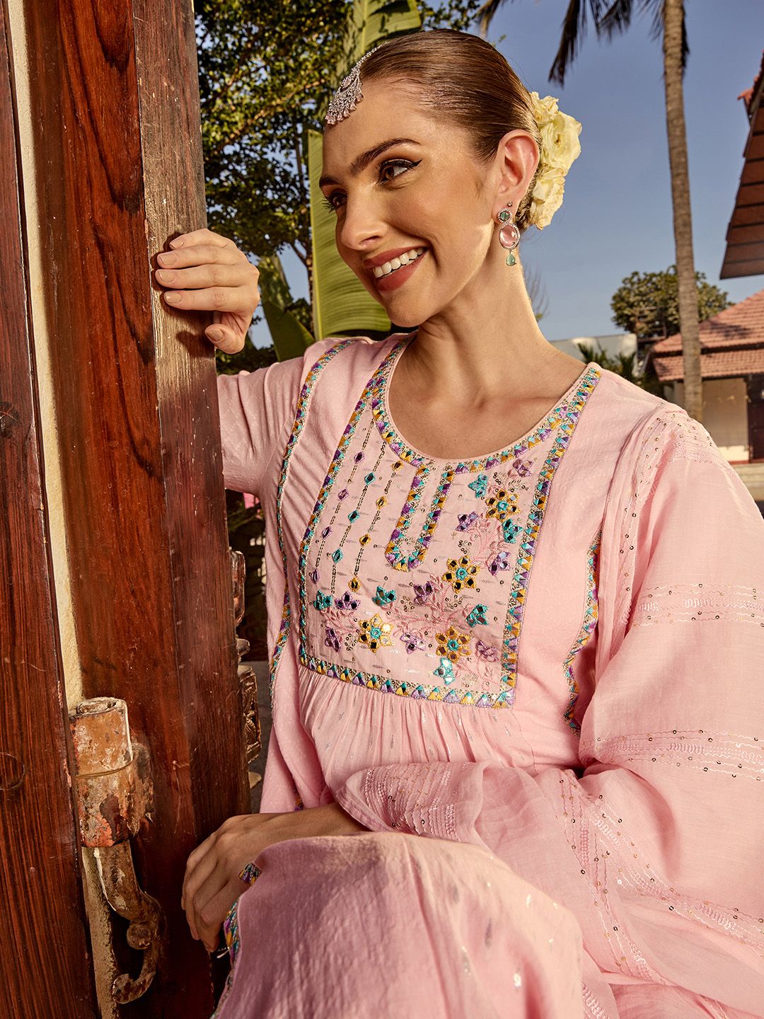 Dhiyona IS Women's Ethnic Motifs Yoke Design Mirror Work Pure Cotton Kurta with Trousers & Dupatta