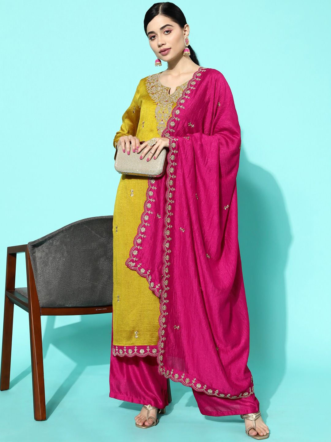 Dhiyona SN Yellow & Pink Floral Sequinned Embroidered Straight Kurta With Palazzo & Dupatta