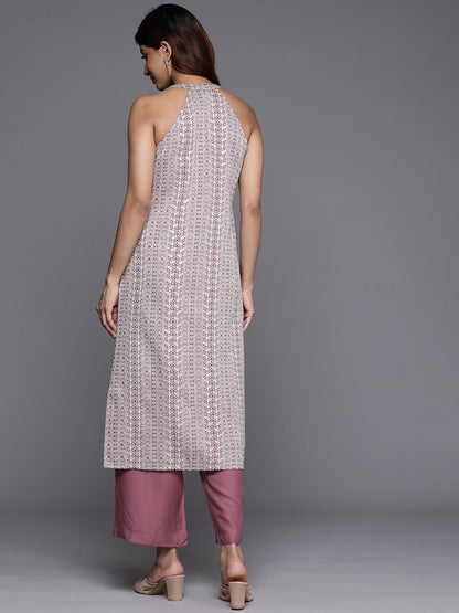 Mauve Mauve Floral Woven Design Sleeveless Straight Kurta with Palazzos